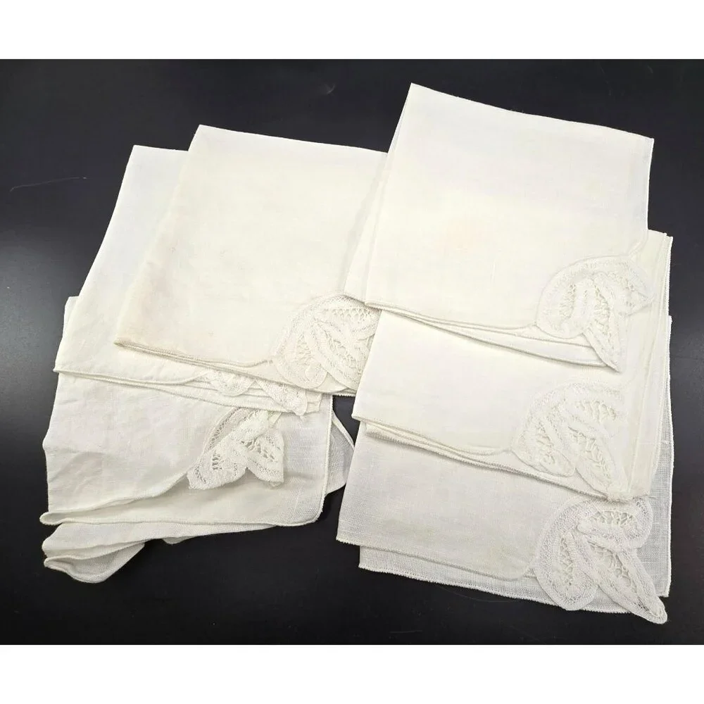 Vintage White Linen Napkins With Crochet Lace Corner Set Of 6 JJ3967